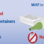 Graphical illustration showing the Top 5 recycled items: 1. Paper, 2. Cardboard flattened, 3. Plastic bottles and containers, 4. Metal cans, 5. Glass bottles and jars. Images of these items along with the accompanying text "Must be empty, clean, and dry" and "No plastic bags".