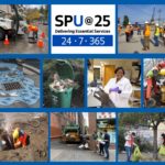 SPU at 25. Delivering Essential Services. Twenty-four, seven, three sixty-five. A photo collage of SPU images: a pumper truck crew works in an open manhole; a large group of SPU employees in safety vests and hardhats confer on the Seattle waterfront; a mural painting of an orca family and water drops on the ground around two storm drains; a full food and waste container; a water quality scientist in a lab; two workers repair a fire hydrant; a worker digs a large hole to access a leaking water pipe; three people confer near a garbage truck in an alley in the International District; two workers pick up litter on a roadside.
