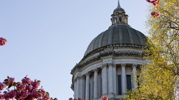Photo of Washington State capitol building with the dome and flowering trees in foreground.