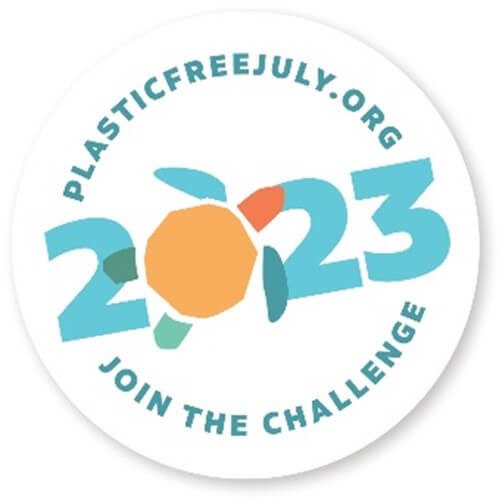 Graphical logo with large 2023 with a turtle illautration over the zero. Surrounding this are the words Plasticfreejuly.org, Join the challenge.