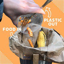 Photo of a hand dumping food scraps from a plastic container into a compost bin with the text "Plastic Out" and an arrow pointing away from the bin, and "Food In" with arrow pointing towards the bin.