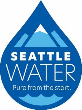 Seattle Water logo in the shape of a water droplet with mountains and waves with text Seattle Water, Pure from the Start.