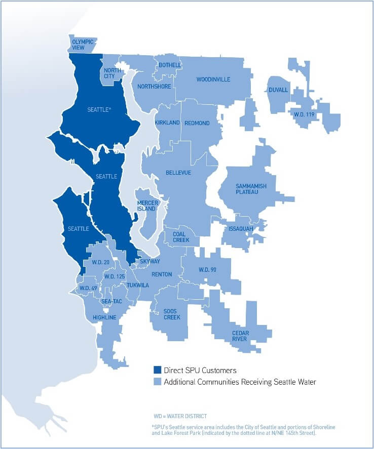 Seattle regional map showing City water customers and surrounding areas that use the water system.
