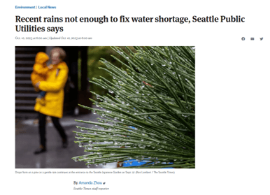Screenshot of Seattle Times website from October 10, 2023 with headline "Recent Rains Not Enough to Fix Water Shortage, Seattle Public Utilities Says."