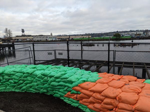 Sandbags along the Duwamish river in the South Park neighborhood.
