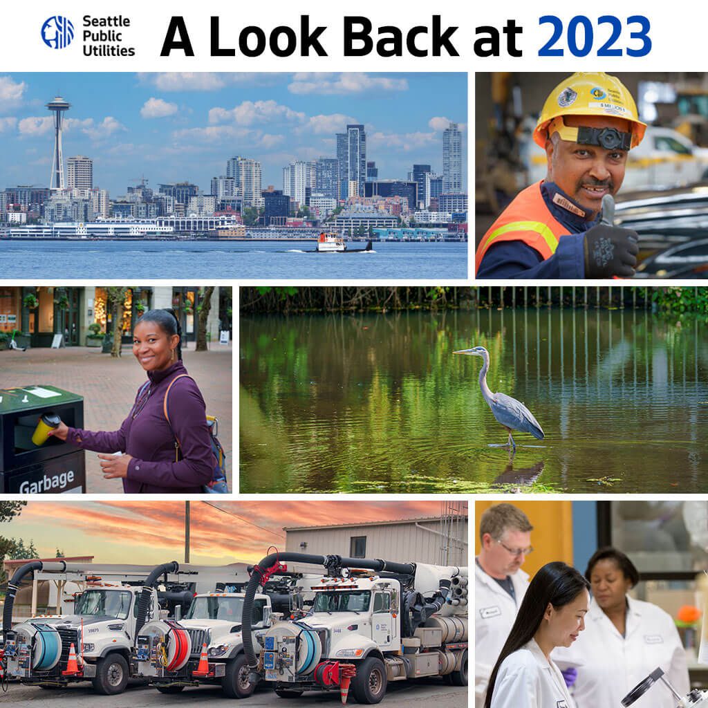 Composite image showing Seattle skyline, SPU workers, residents using services, SPU equipment, and wetlands managed by SPU.