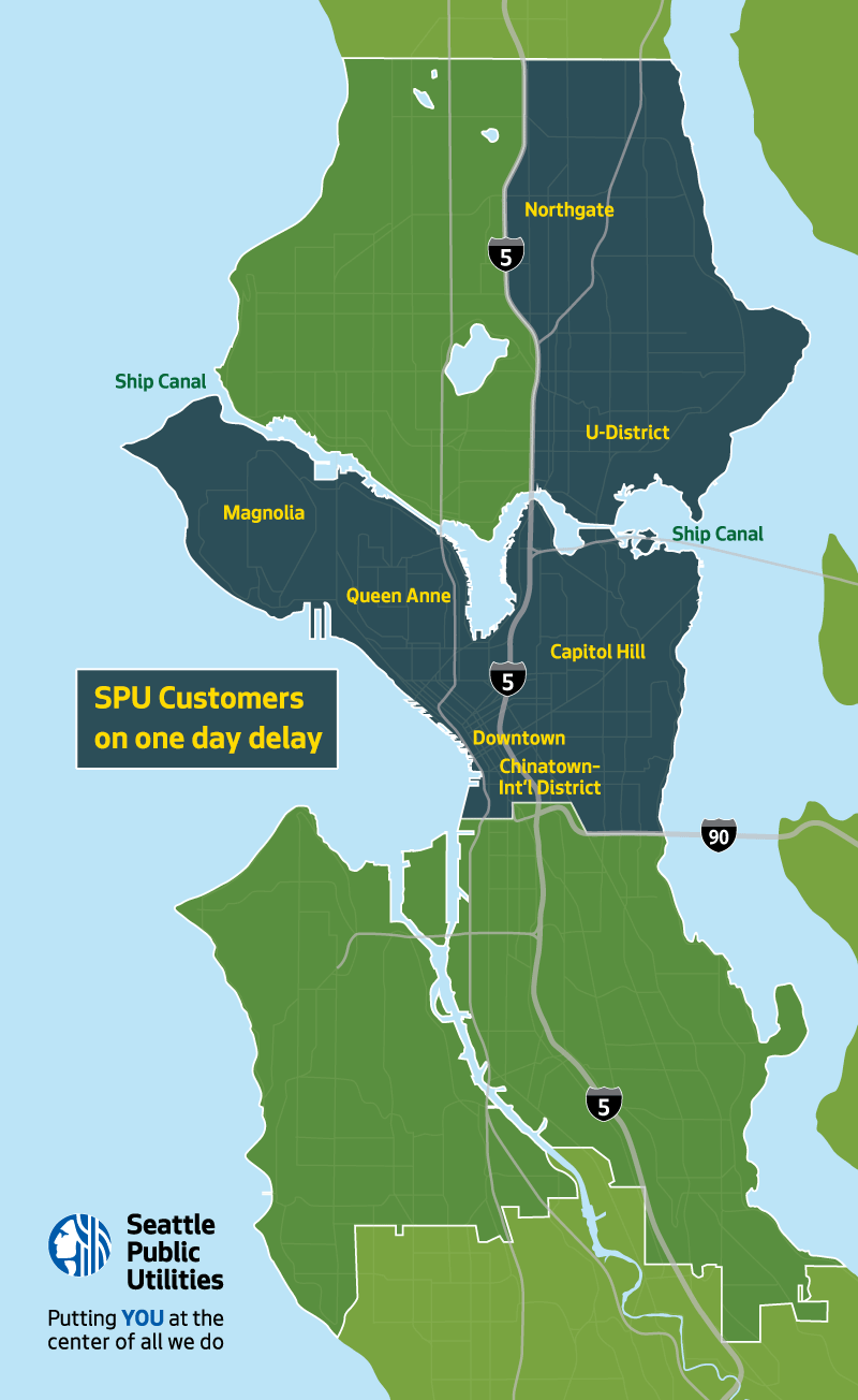 Map that indicates the service area that will be impacted by MLK Week collection delay: east of I-5, north of the Ship Canal, and Central Seattle, south of Ship Canal and north of I-90, including Northgate, U-District, Capitol Hill,  Downtown, Chinatown-International District, Magnolia, and Queen Anne.