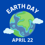 A cartoon Earth surrounded by clouds with "EARTH DAY" above and "22 APRIL" below, against a blue backdrop, including a logo for Seattle Public Utilities on the bottom left.
