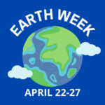A cartoon Earth surrounded by clouds with "EARTH WEEK" above and "APRIL 22-27" below, against a blue backdrop, including a logo for Seattle Public Utilities on the bottom left.