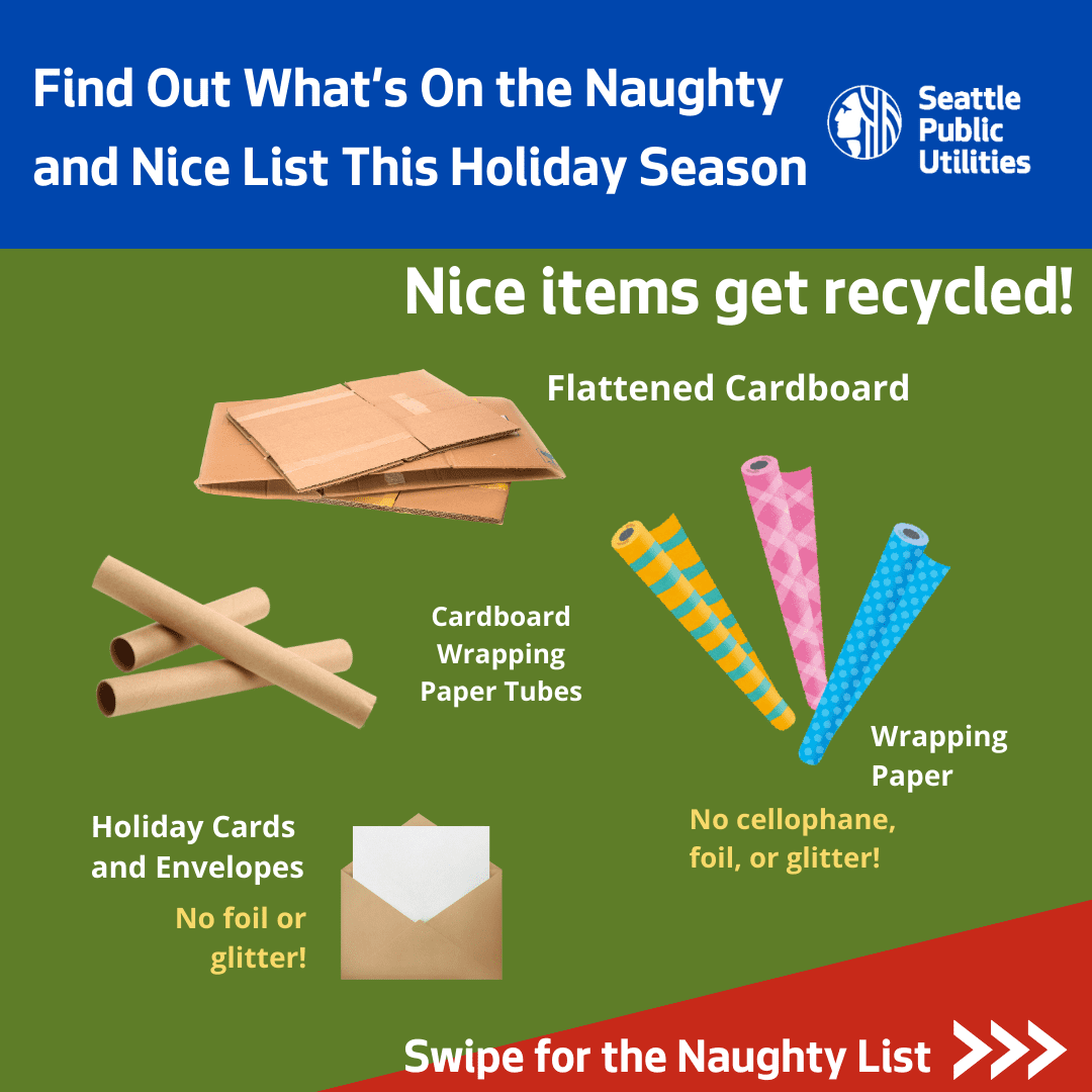 Graphic showing recyclable holiday items including flattened cardboard boxes, cardboard wrapping paper tubes, plain wrapping paper without foil or glitter, and holiday cards and envelopes. Text reads “Nice items get recycled.”