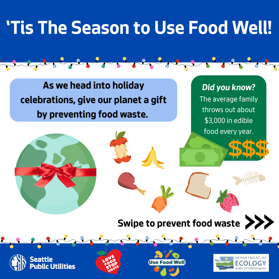 Graphic titled “’Tis the Season to Use Food Well!” showing the Earth wrapped like a gift alongside illustrations of food scraps. Text notes that preventing food waste is a gift to the planet and that the average family throws away about $3,000 in edible food each year.