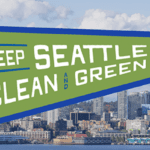 The Seattle skyline with a pennant that says