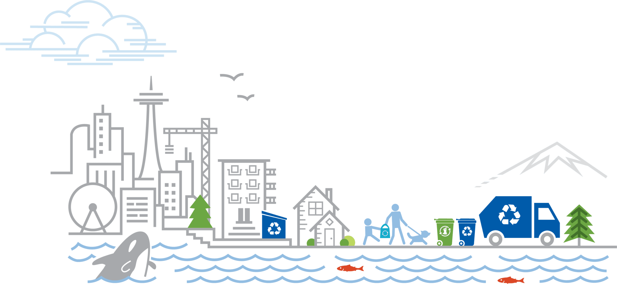 Illustration of downtown Seattle waterfront.